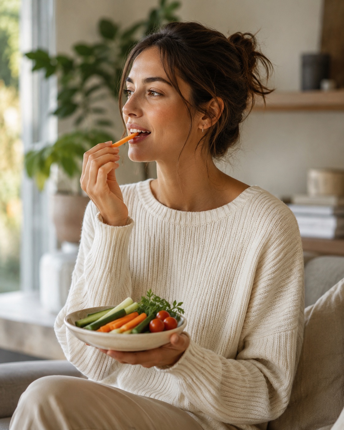 Persona disfrutando un snack saludable de verduras