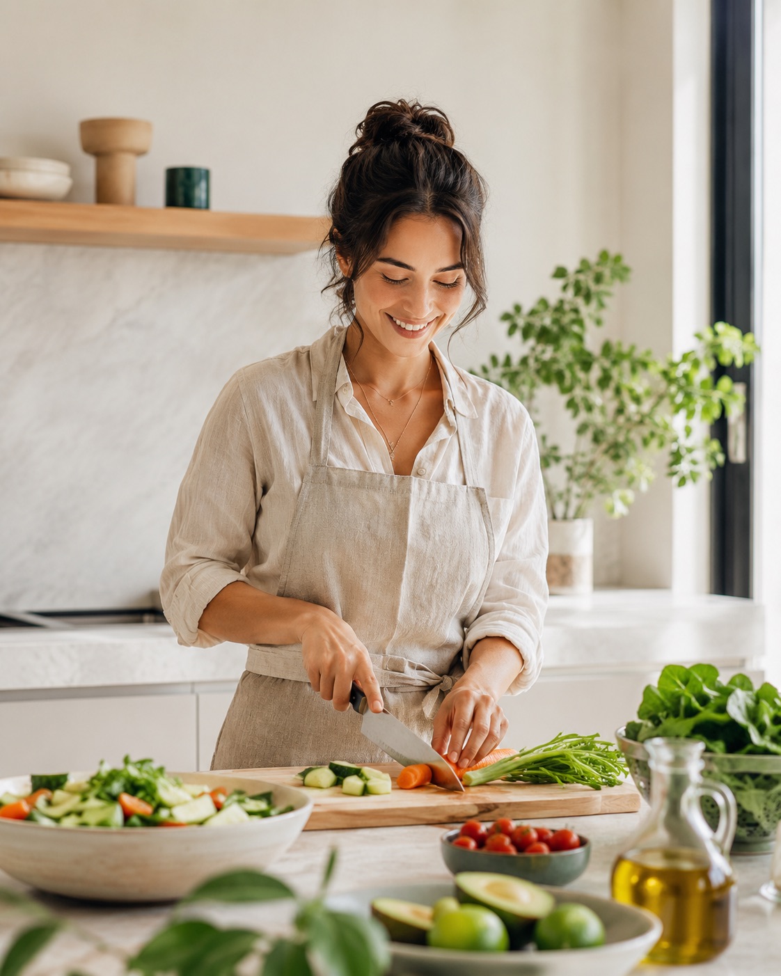 Preparación de comida saludable en casa con verduras frescas